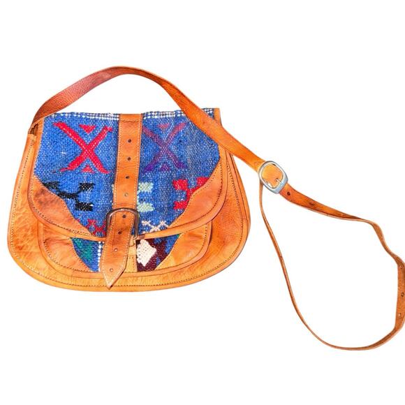 Vintage Handmade Leather Kilim Crossbody Purse Western Boho‎ Festival - Picture 1 of 10
